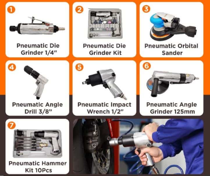 Pneumatic Die grinder, Pneumatic Impact wrench, Pneumatic Angle grinder, Pneumatic Die grinder.